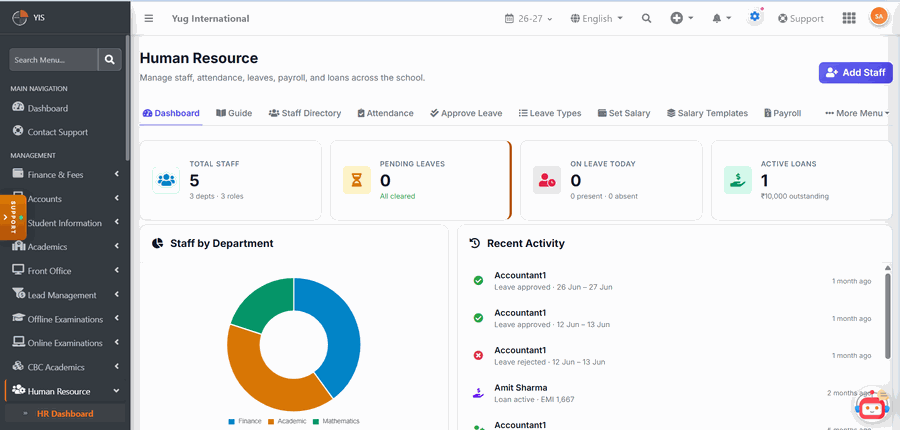 SchoolStation HR and staff management screen