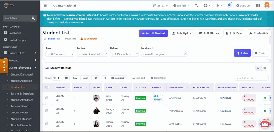 SchoolStation student list management screen