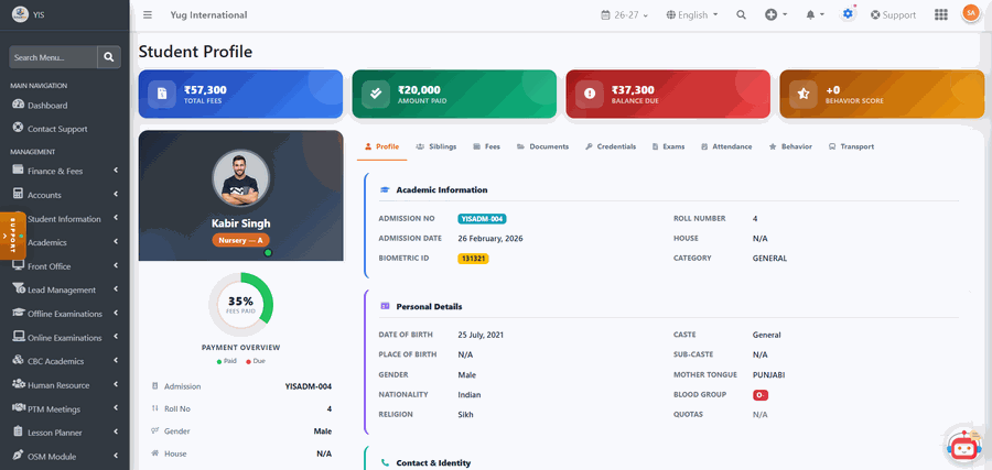 SchoolStation full student profile screen with fees, academic and personal details